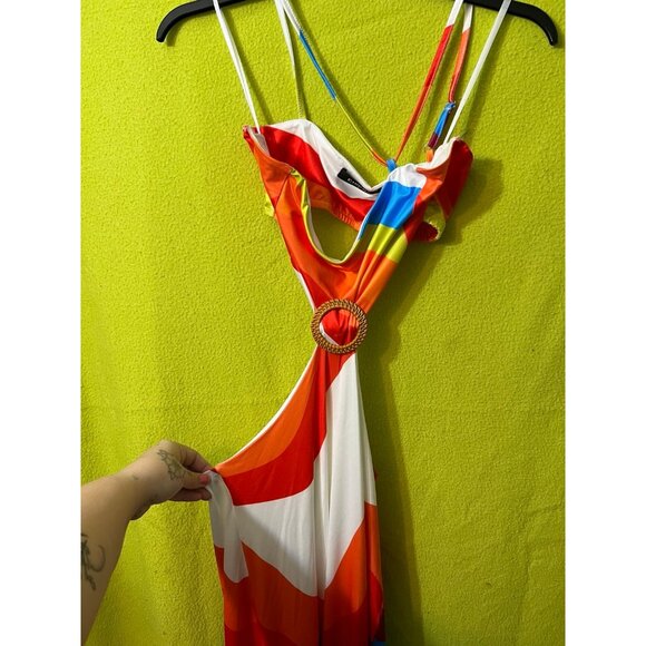 Rainbow Striped Print Hollow Cut Out Maxi Dress S Chicme - Picture 4 of 5